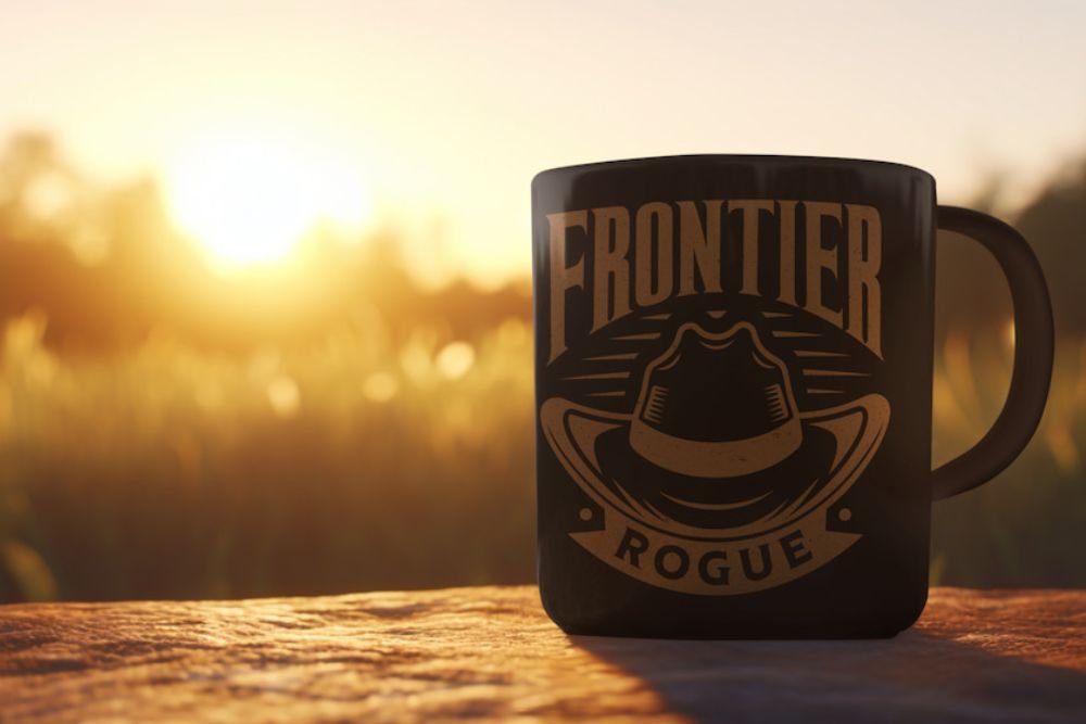 Frontier Rogue brown logo on black mug in outdoors setting