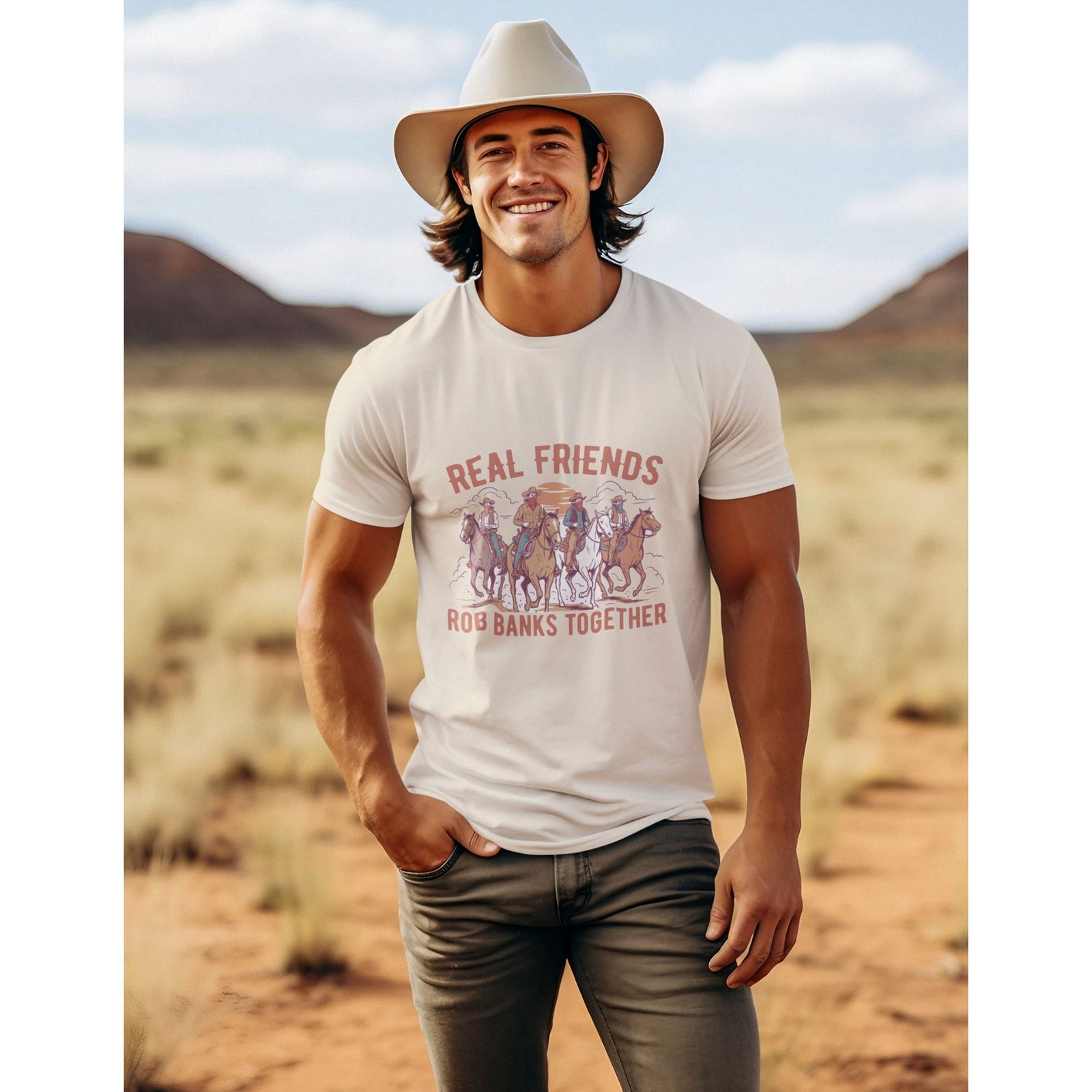 Man wearing Frontier Rogue Real Friends Rob Banks Together graphic tee in outdoor western setting
