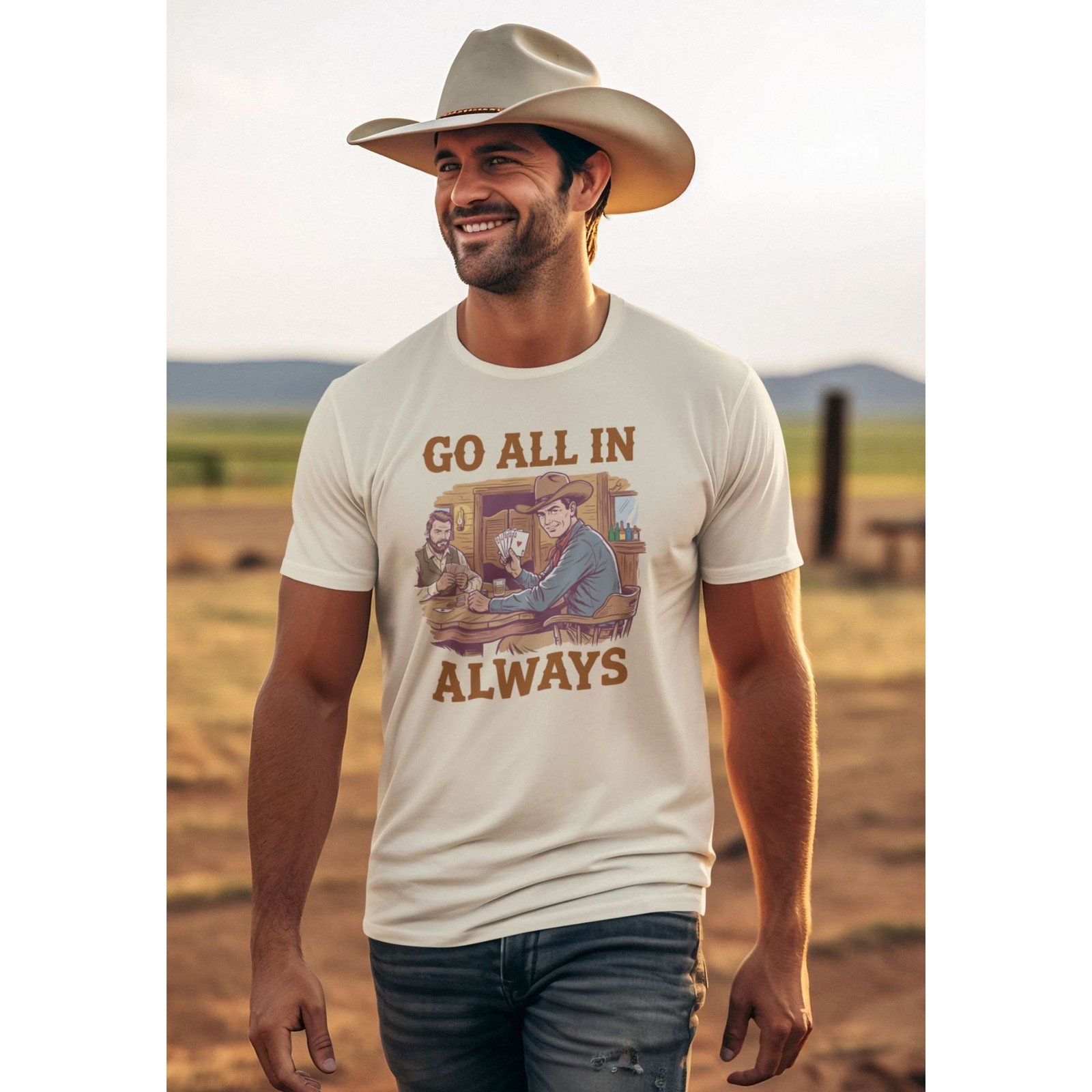 Man in Cowboy Hat wearing Frontier Rogue Go All In Always graphic tee in outdoor western setting
