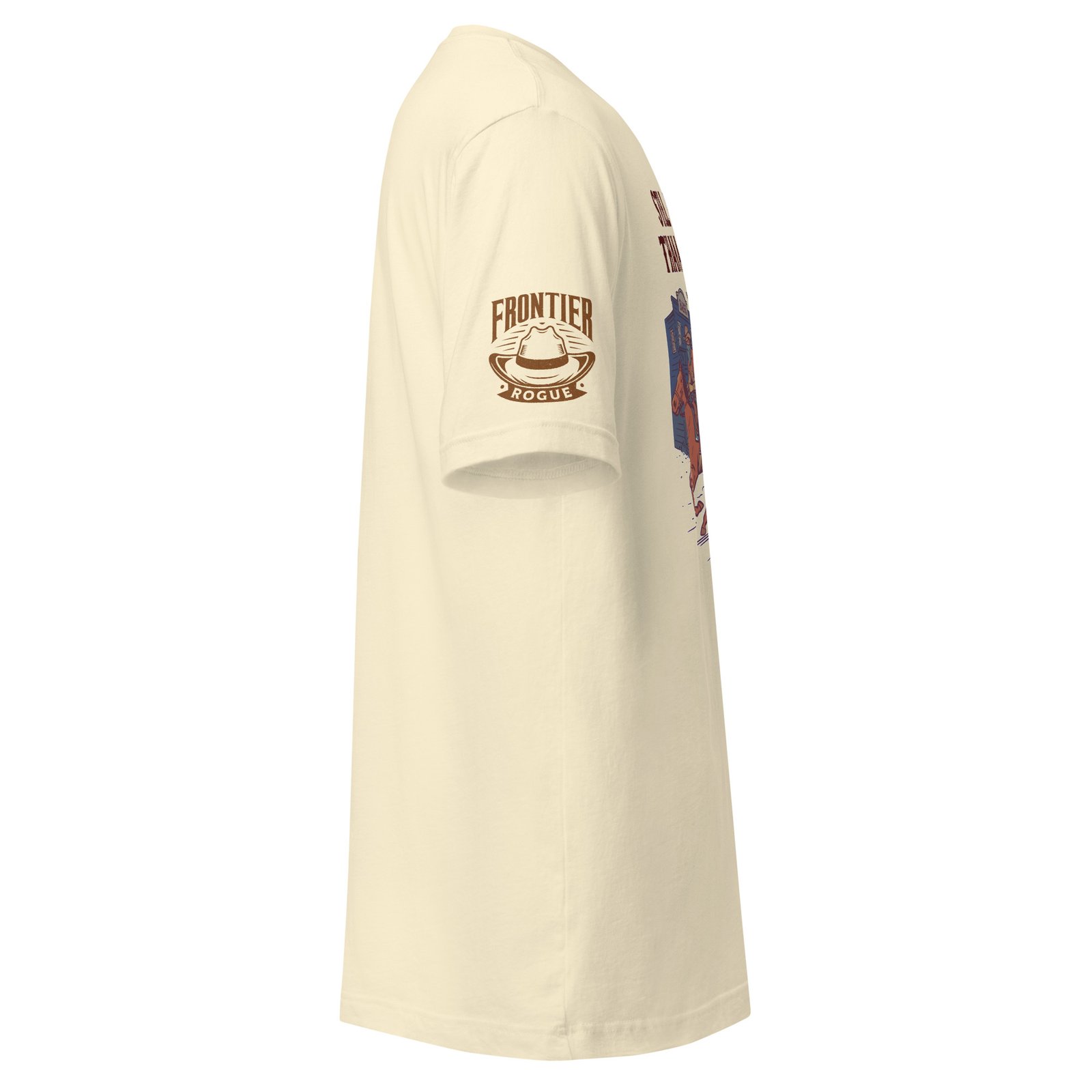 Frontier Rogue logo on sleeve of Still Better Than a Desk Job tee in Natural