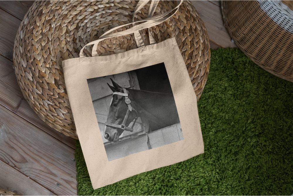 Frontier Rogue tote bag with horse picture on woven item