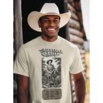 Cowboy wearing Frontier Rogue Buffalo Bill western tee