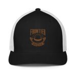 Black and white Frontier Rogue trucker cap with brown logo