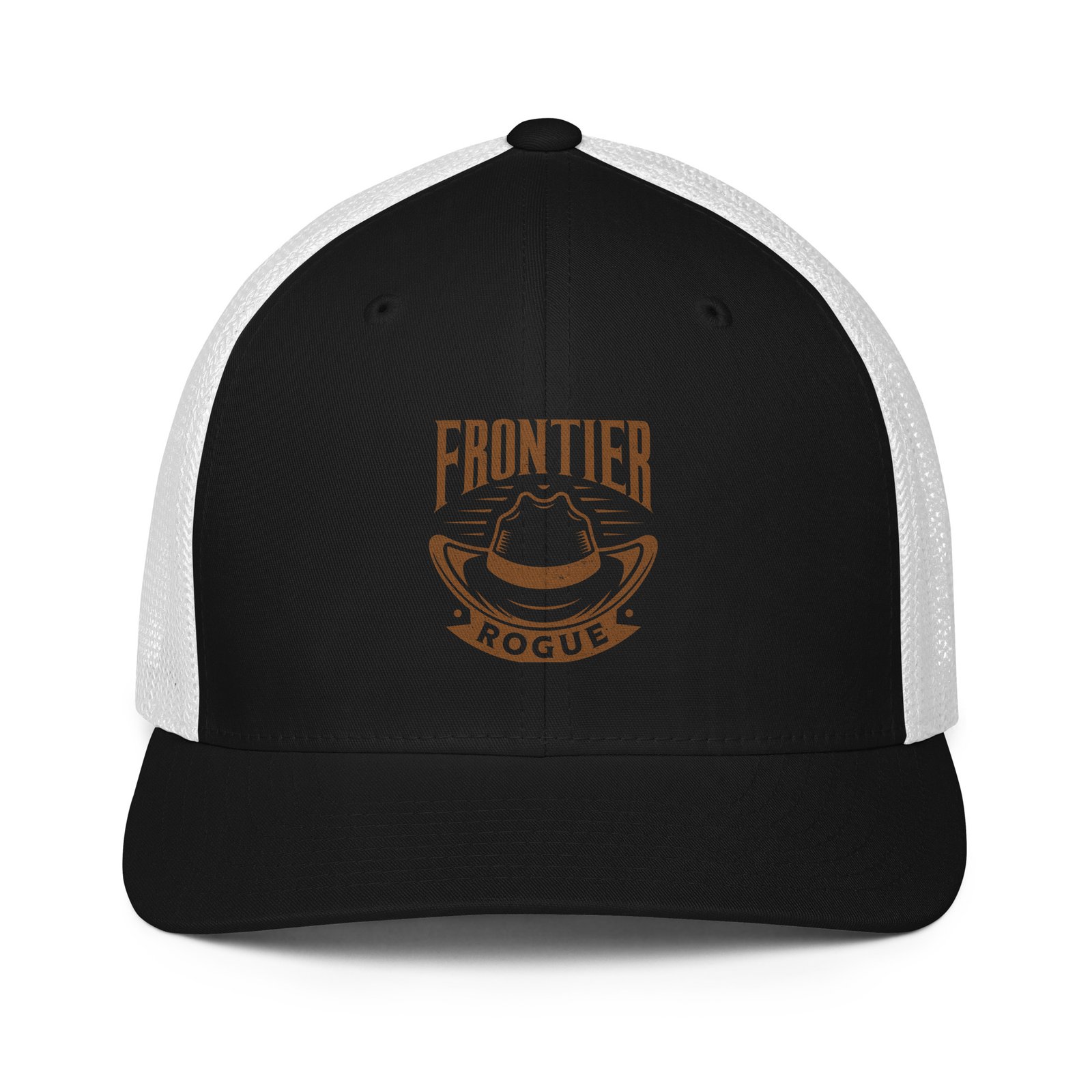 Black and white Frontier Rogue trucker cap with brown logo
