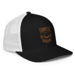 Black and white Frontier Rogue trucker cap with brown logo left side view