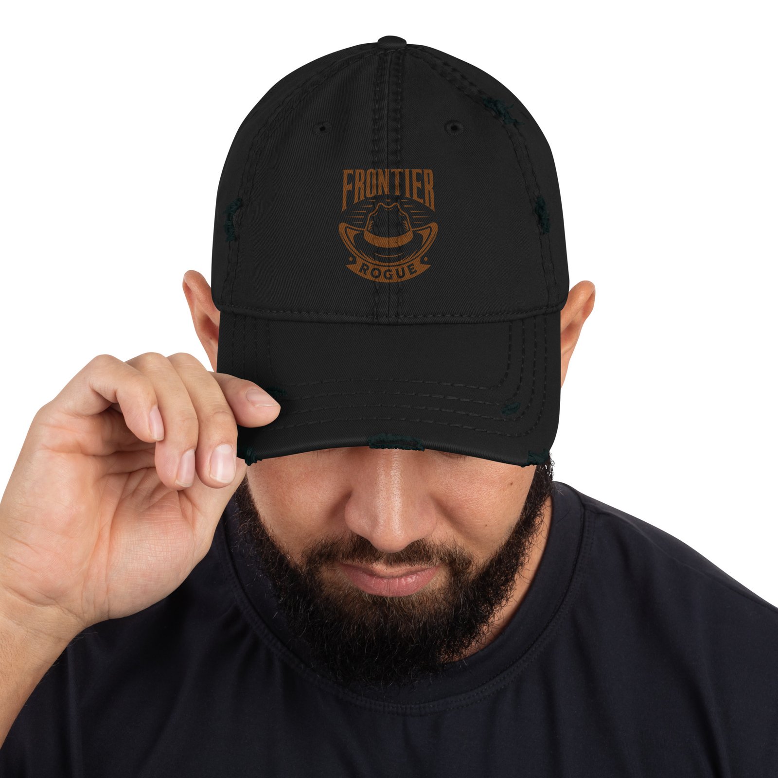 Man wearing black Frontier Rogue distressed cap with brown logo