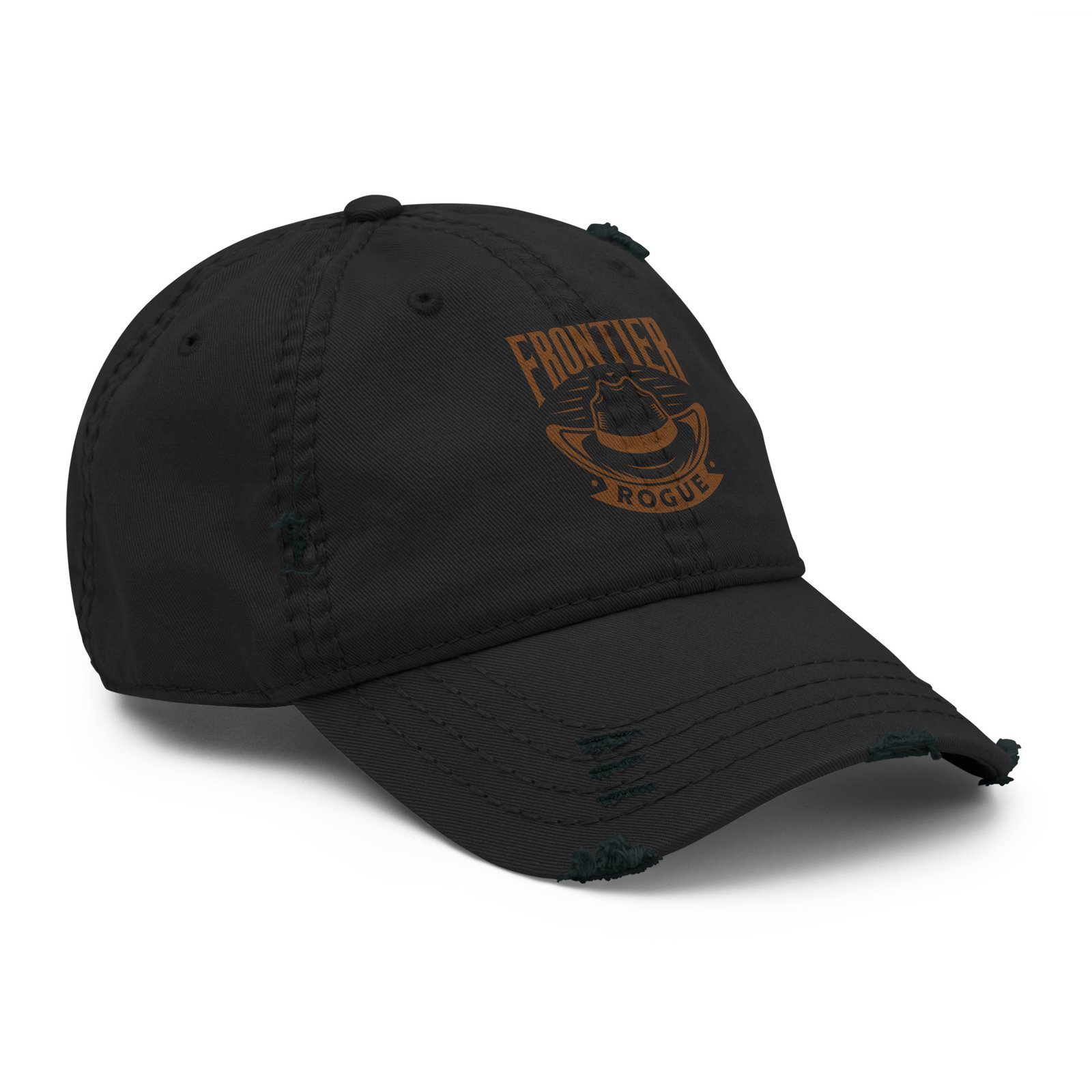 Black Frontier Rogue distressed cap with brown logo left side view