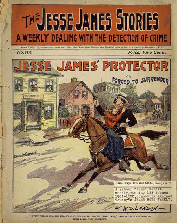 Vintage dime novel featuring Jesse James, showing his folk hero status in 1800s American popular culture