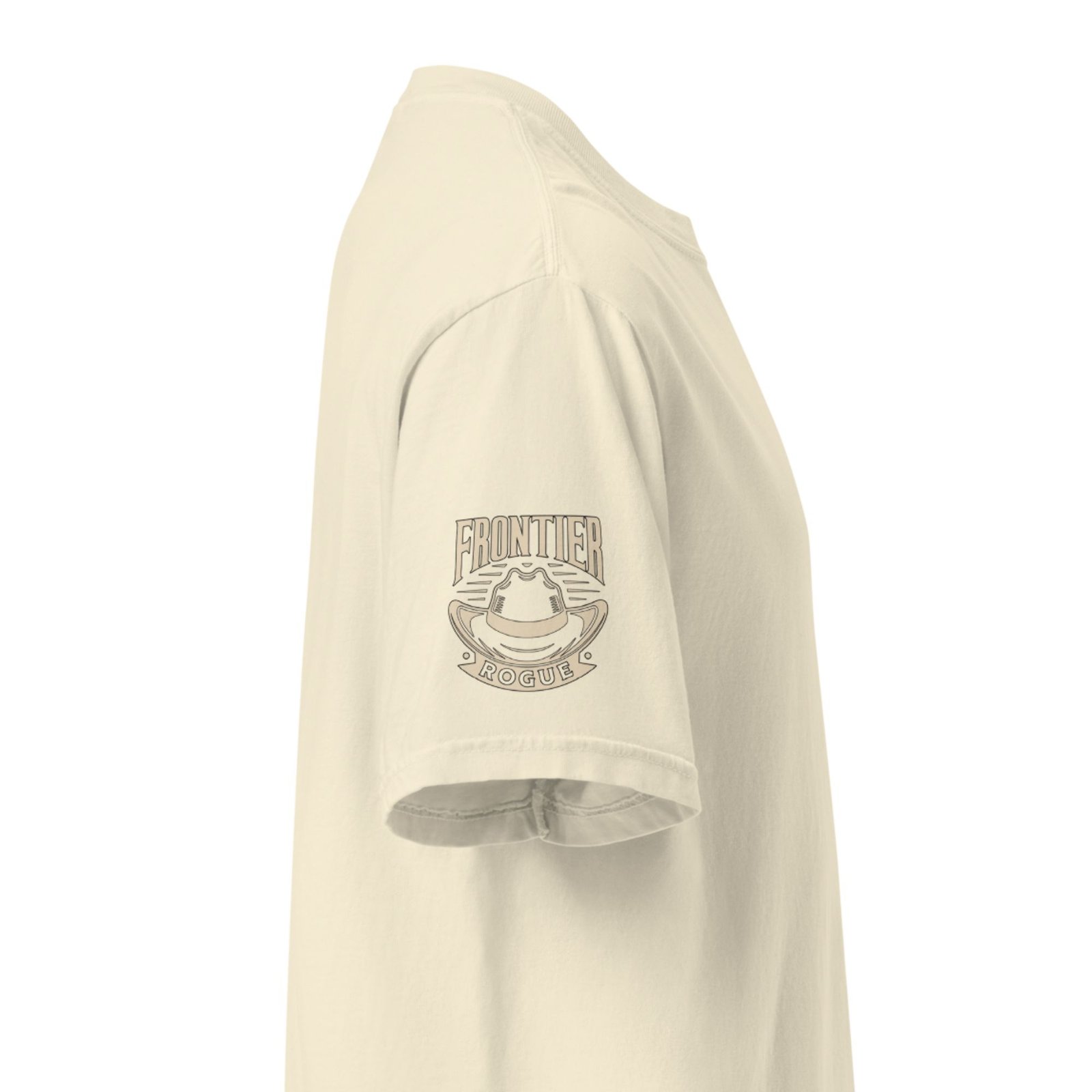 Frontier Rogue logo on sleeve of Still Better Than a Desk Job tee in Ivory